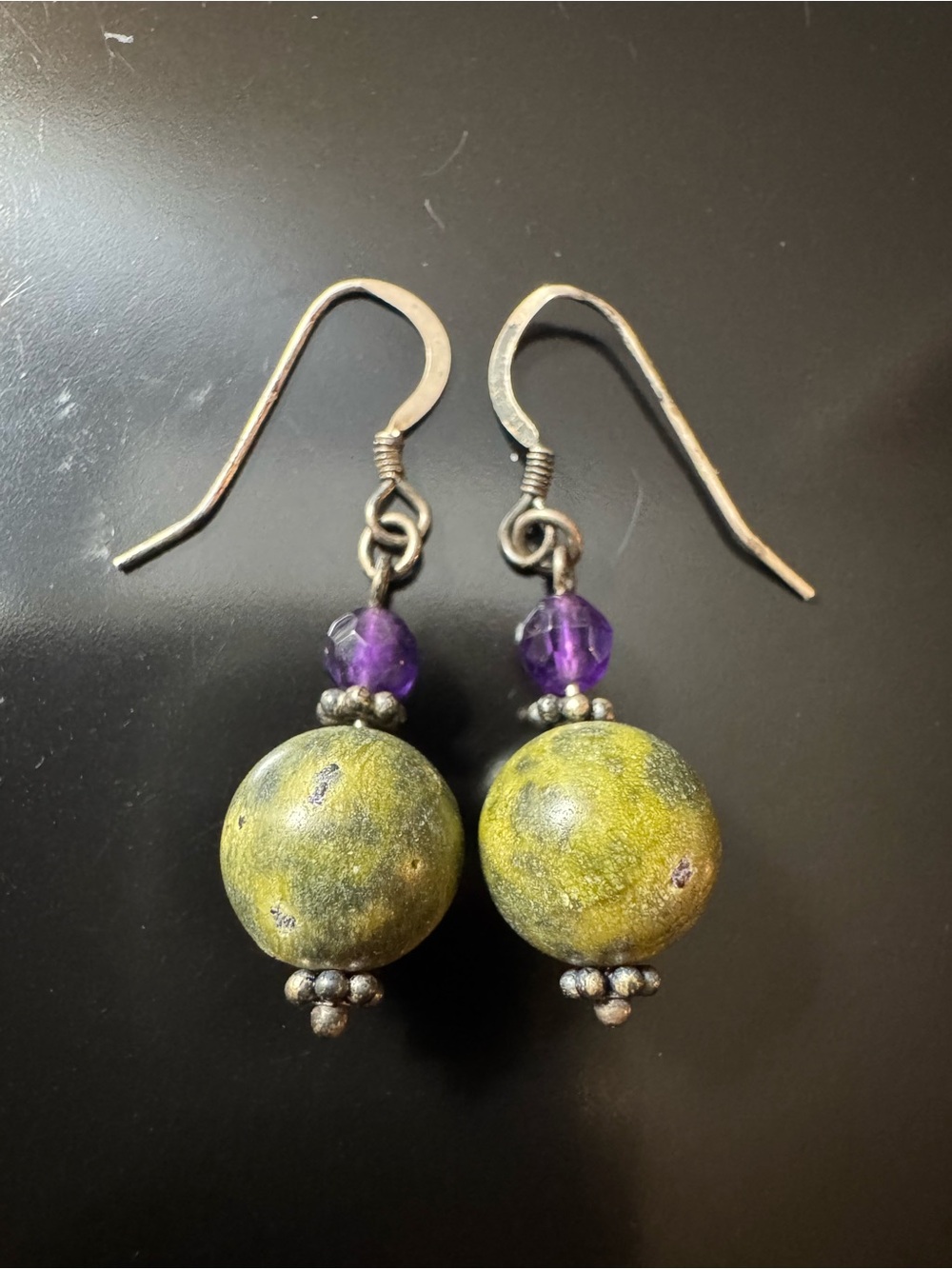 Sterling Silver Gemstone Drop Earrings - Amethyst & Green Stone
